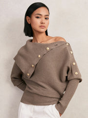 Rib-Knit Button Shawl Jumper Taupe | Women