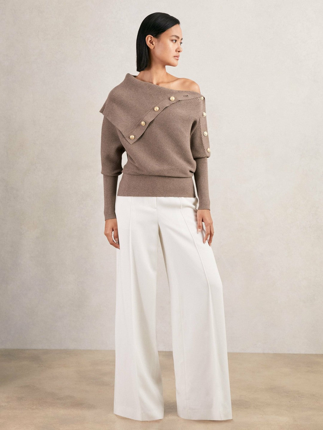 Rib-Knit Button Shawl Jumper Taupe | Women