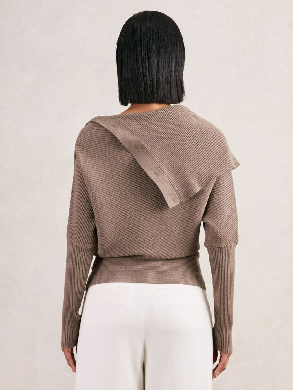 Rib-Knit Button Shawl Jumper Taupe | Women