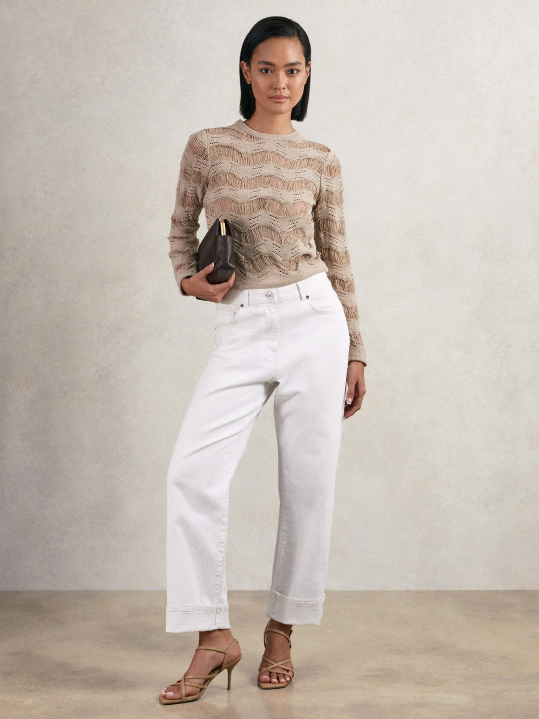 Cotton Blend Ladder Knit Top Taupe Neutral | Women