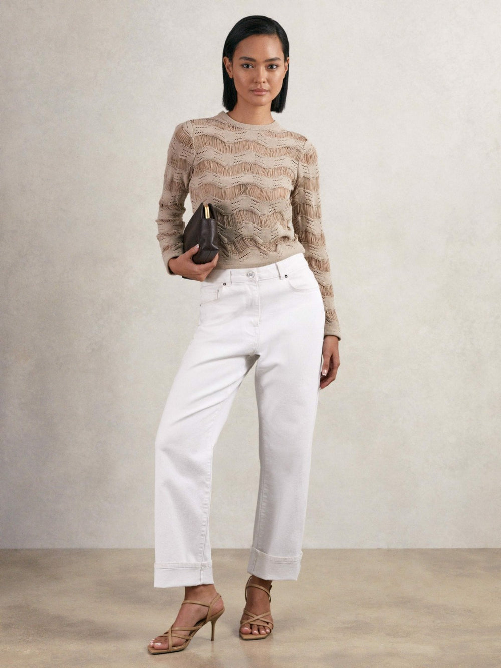 Cotton Blend Ladder Knit Top Taupe Neutral | Women
