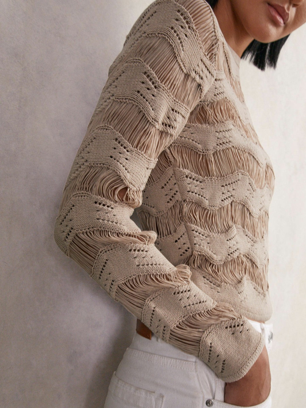 Cotton Blend Ladder Knit Top Taupe Neutral | Women