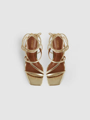 Leather Metallic Strappy Heeled Sandals Gold | Women