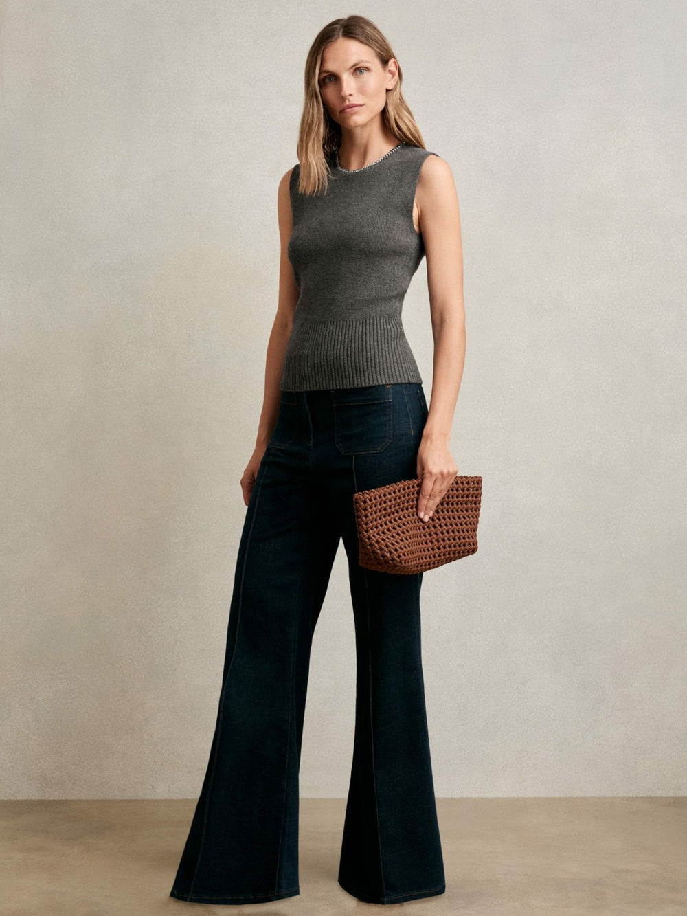 Wool-Blend Necklace-Trim Knitted Vest Charcoal Grey | Women