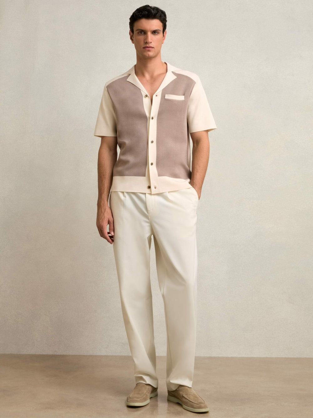 Colour-Block Cuban-Collar Knit Shirt Taupe Brown/Light Stone | Men