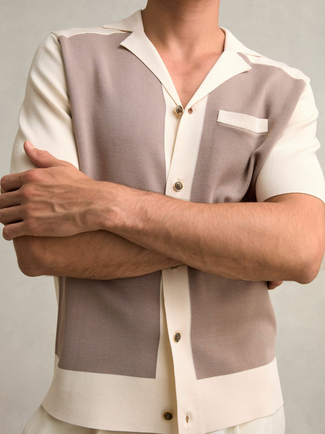 Colour-Block Cuban-Collar Knit Shirt Taupe Brown/Light Stone | Men