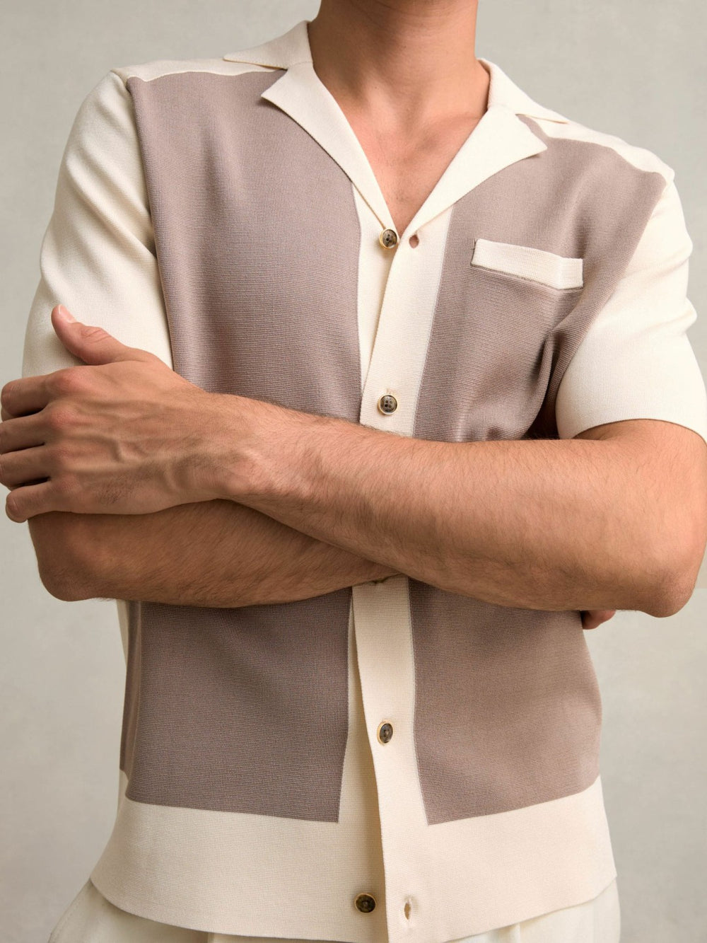 Colour-Block Cuban-Collar Knit Shirt Taupe Brown/Light Stone | Men