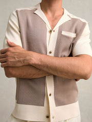 Colour-Block Cuban-Collar Knit Shirt Taupe Brown/Light Stone | Men