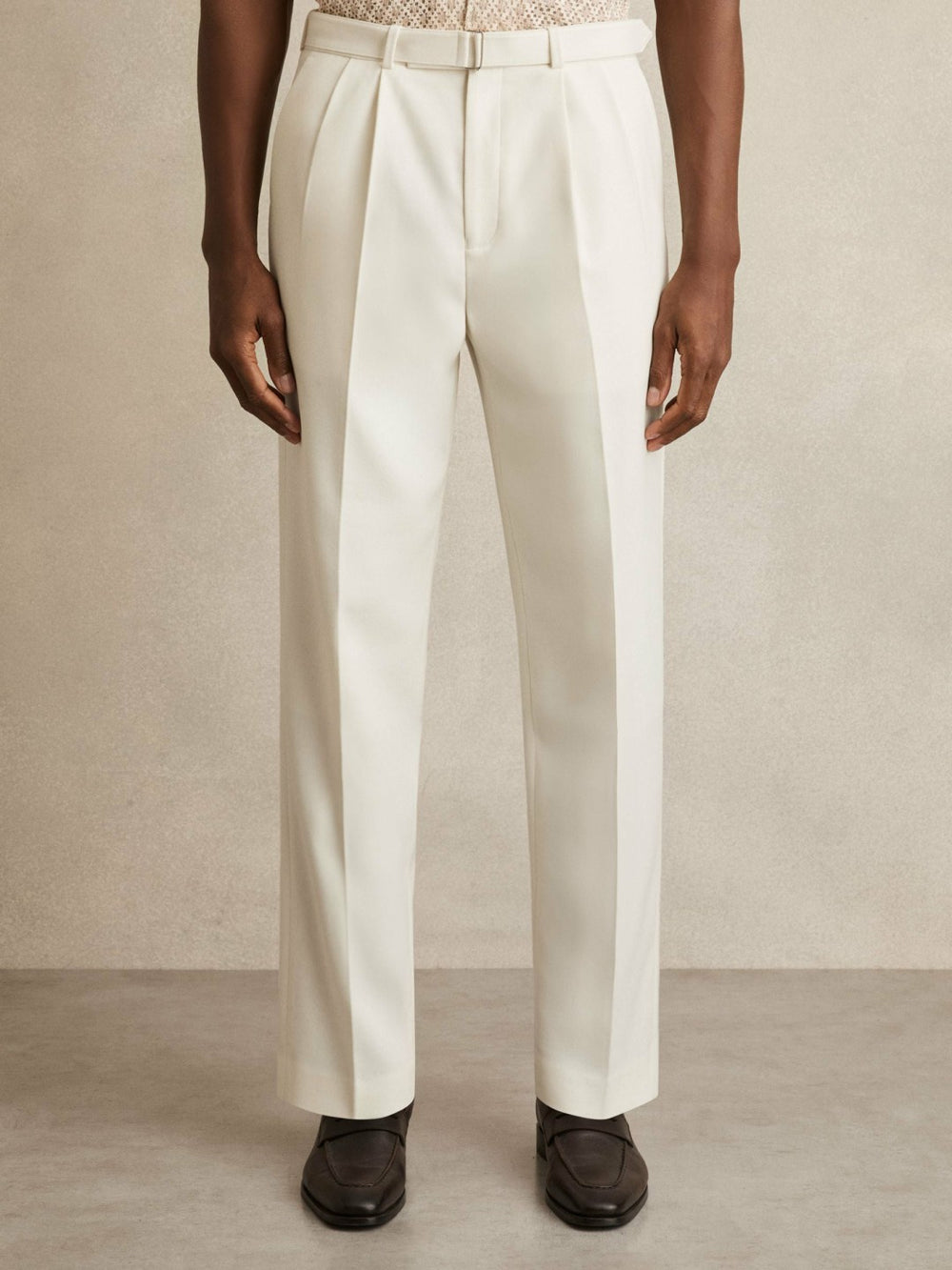 Wool-Blend Belted Pleated Trousers Regular-Fit White | Men