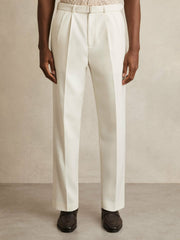 Wool-Blend Belted Pleated Trousers Regular-Fit White | Men