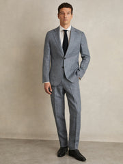 Slim Fit Linen Check Suit Trousers Soft Blue | Men