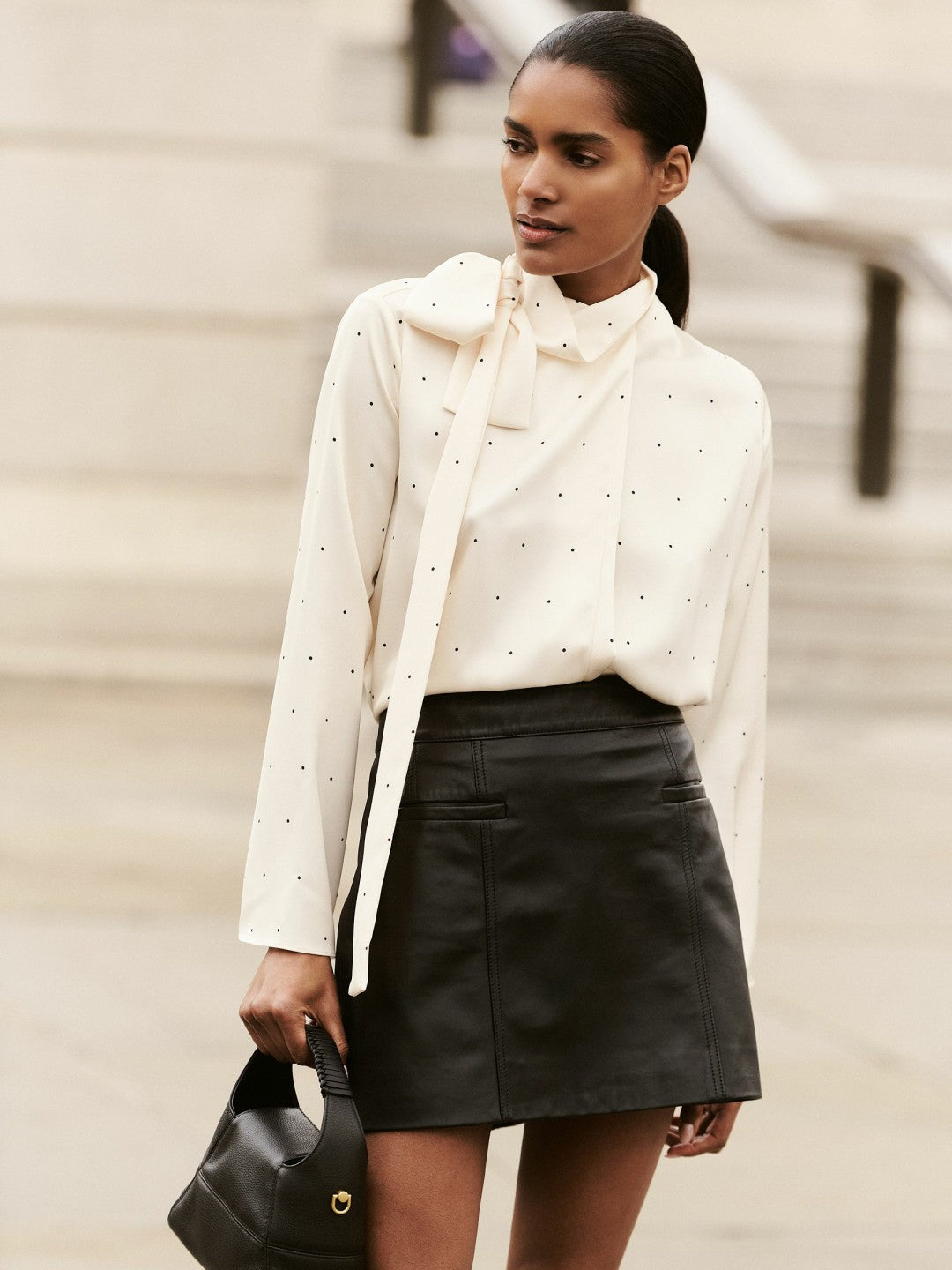 Satin Polka Dot Tie Neck Blouse Ivory | Women