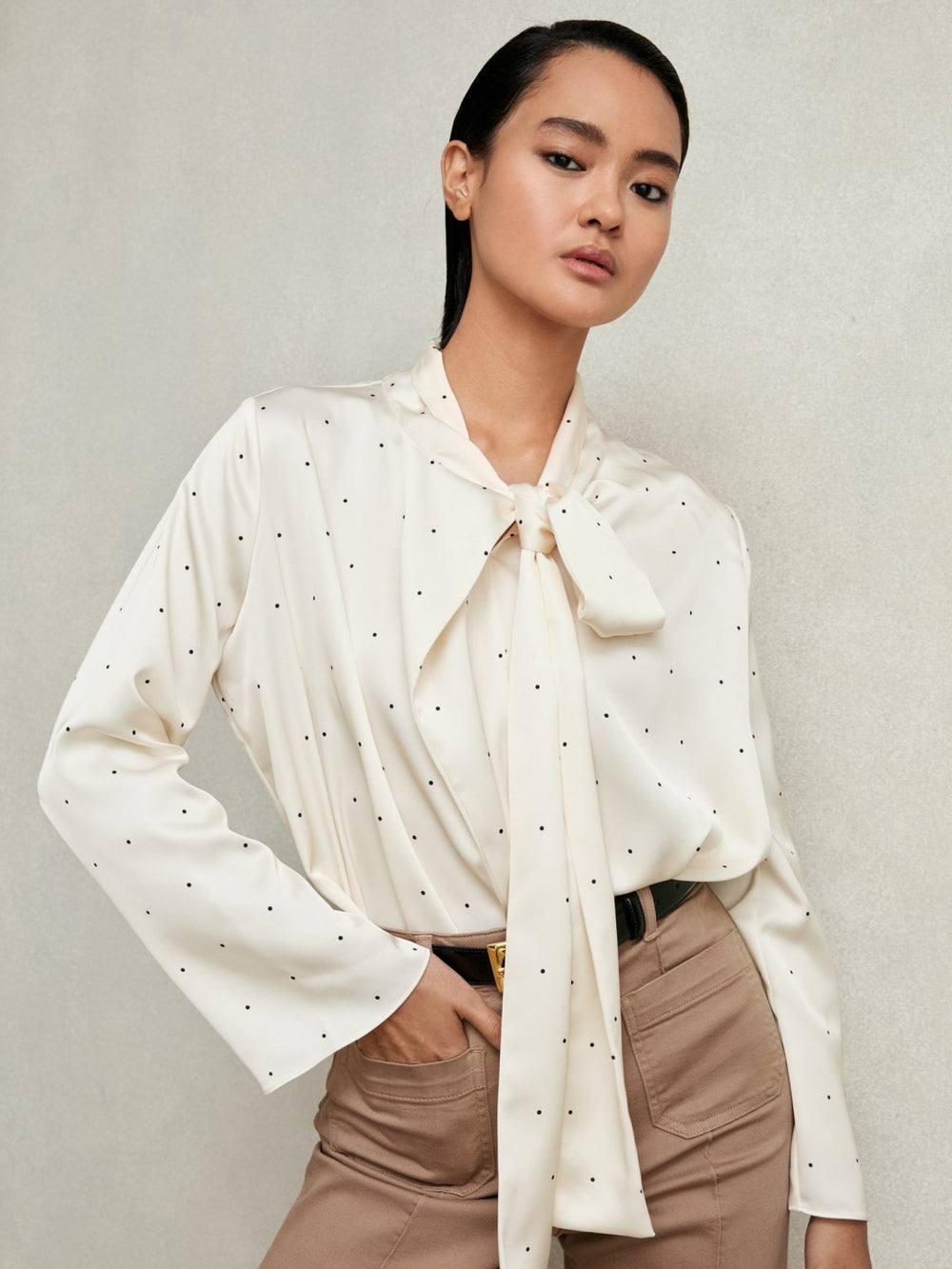 Satin Polka Dot Tie Neck Blouse Ivory | Women