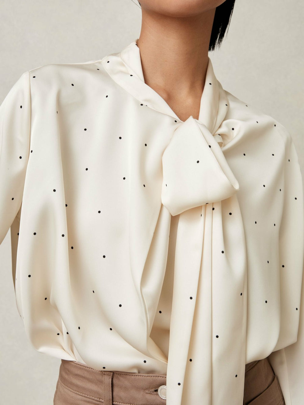 Satin Polka Dot Tie Neck Blouse Ivory | Women