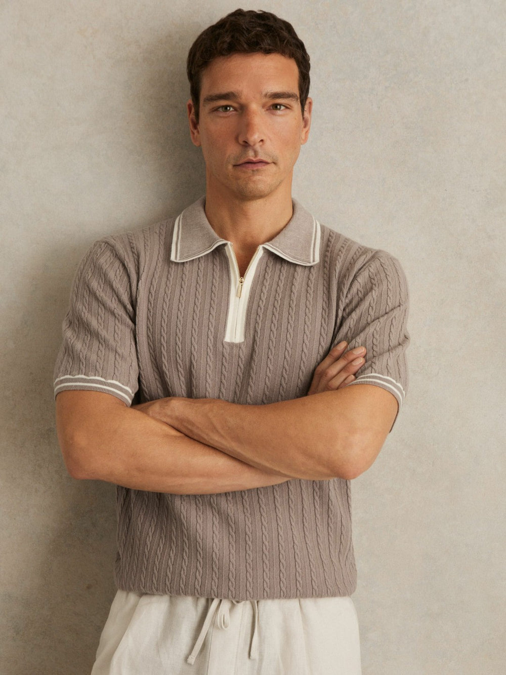 Micro-Cable Half-Zip Polo Shirt Light Taupe Brown | Men