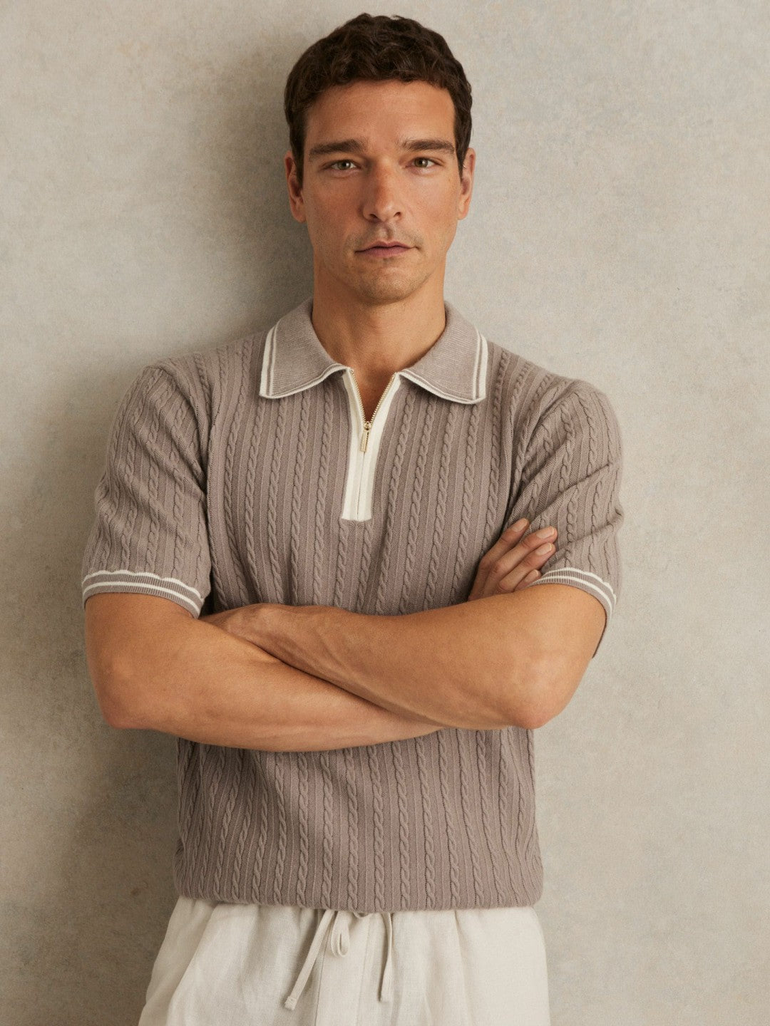 Micro-Cable Half-Zip Polo Shirt Light Taupe Brown | Men