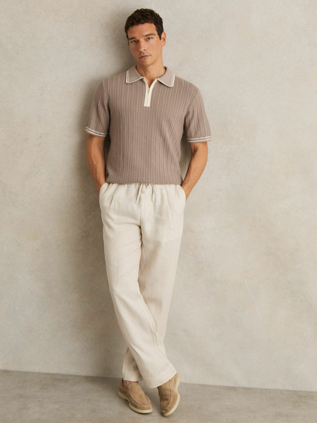 Micro-Cable Half-Zip Polo Shirt Light Taupe Brown | Men
