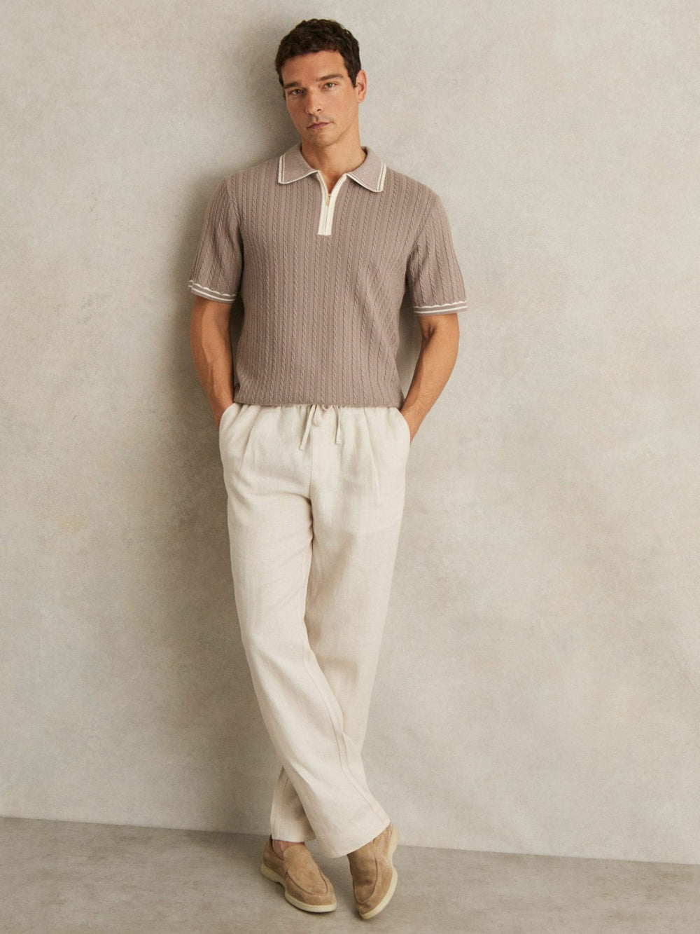 Micro-Cable Half-Zip Polo Shirt Light Taupe Brown | Men