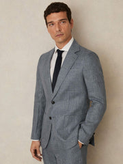 Slim Fit Single Breasted Linen Check Suit Blazer Soft Blue | Men