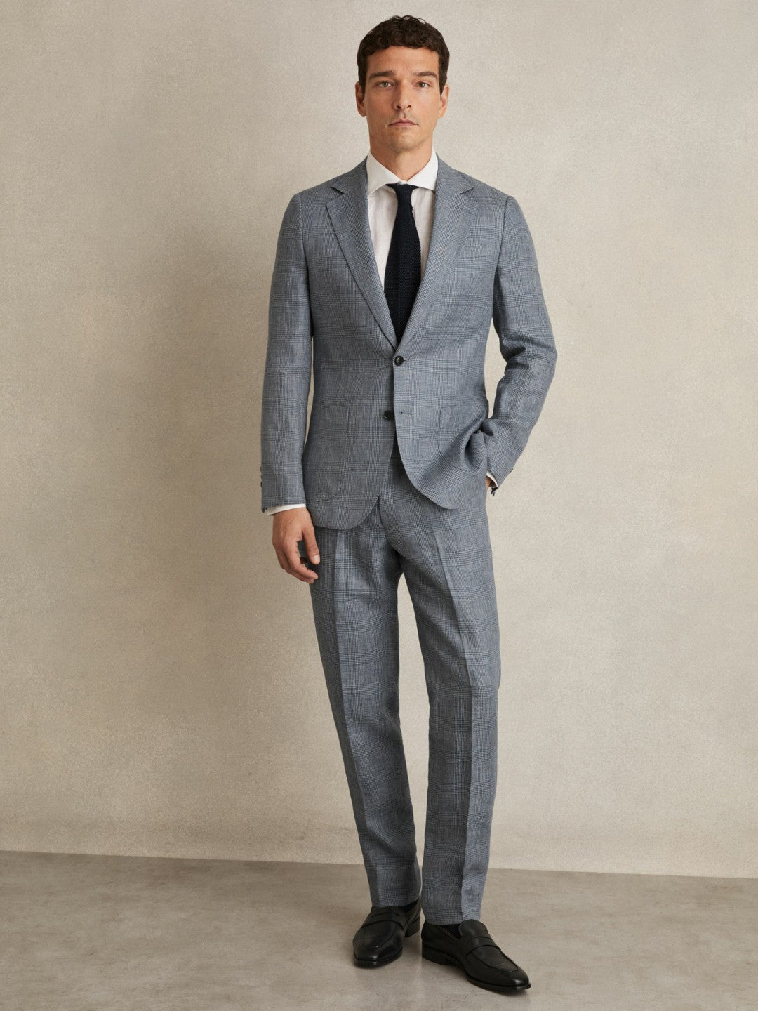 Slim Fit Single Breasted Linen Check Suit Blazer Soft Blue | Men