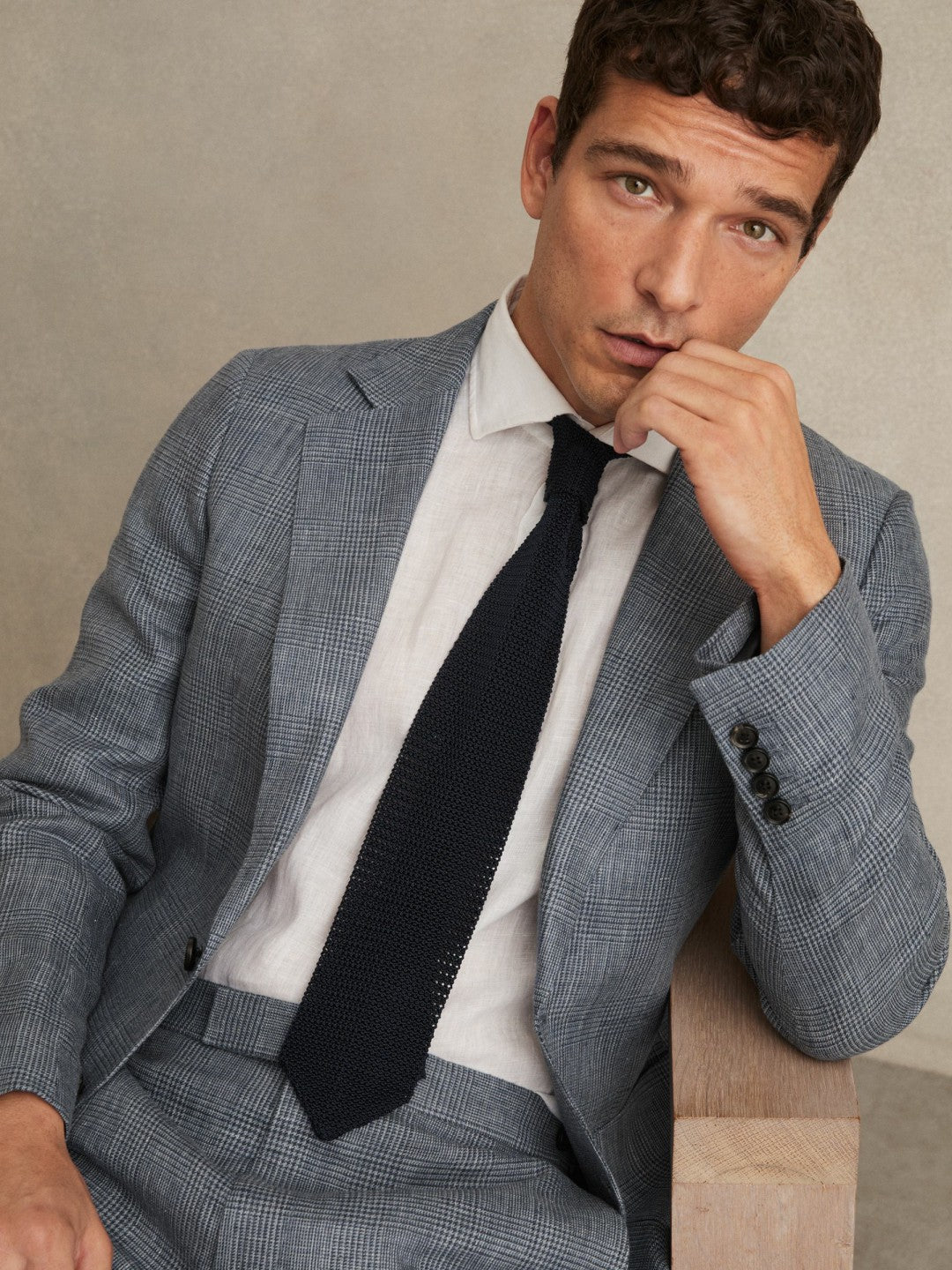 Slim Fit Single Breasted Linen Check Suit Blazer Soft Blue | Men