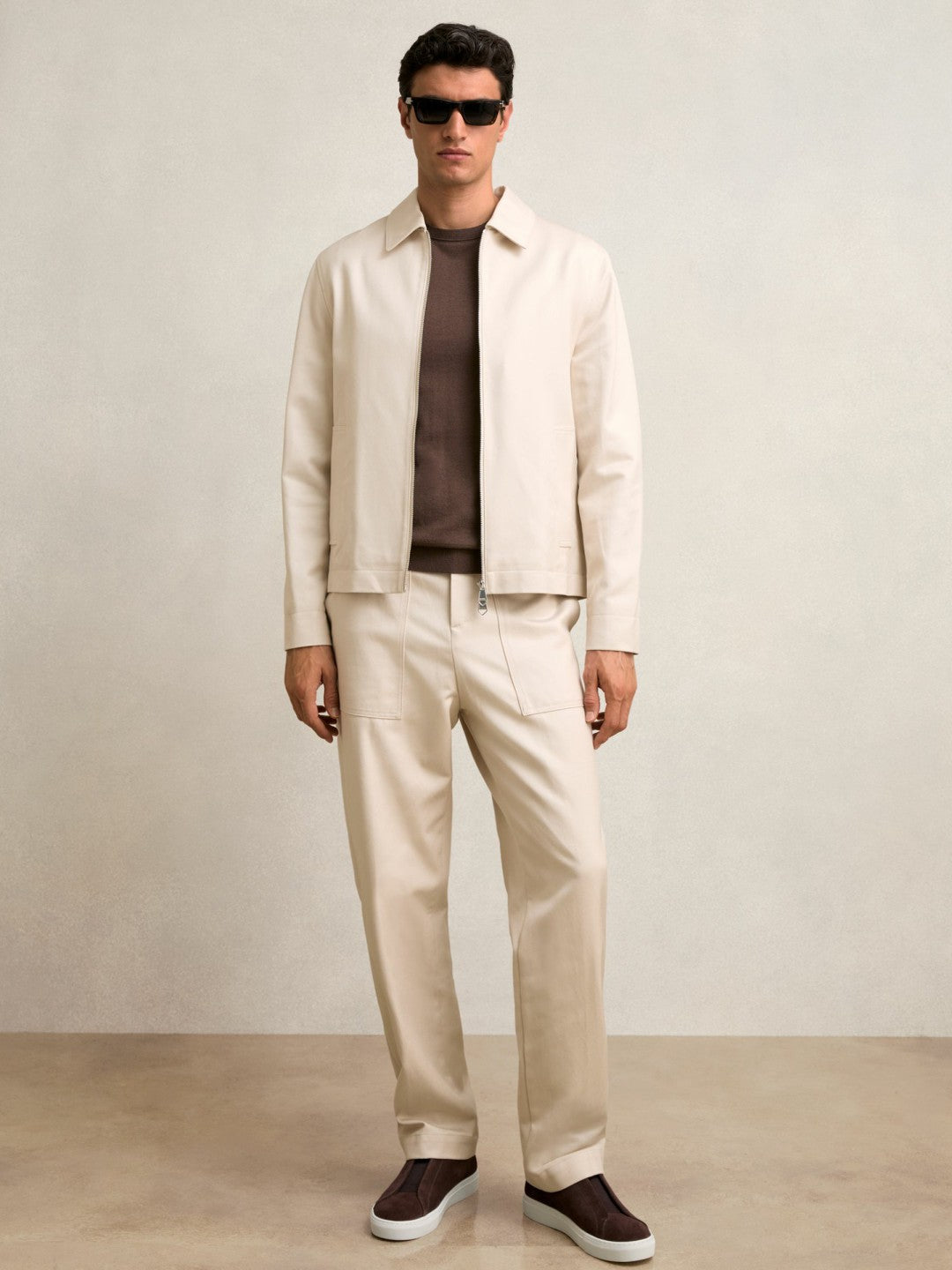 Lyocell-Cotton Zip-Through Twill Jacket Ecru | Men