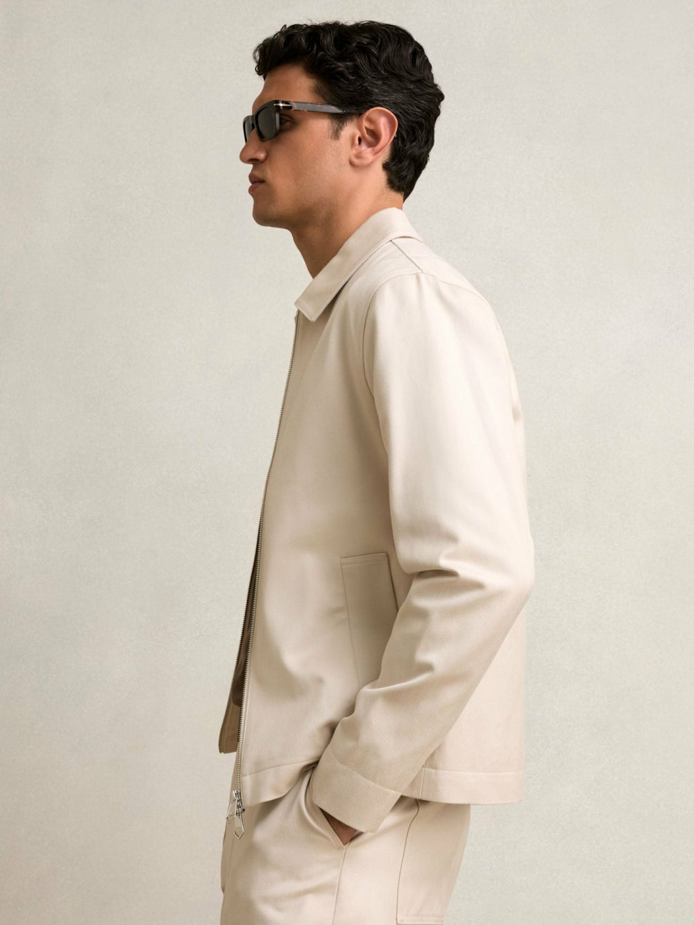 Lyocell-Cotton Zip-Through Twill Jacket Ecru | Men