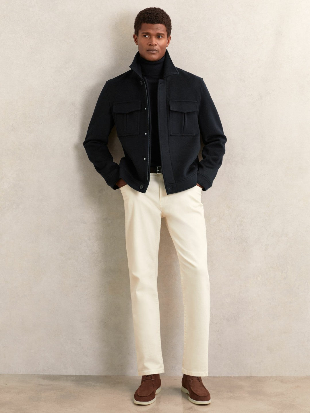 Wool Blend Twin Pocket Zipped Jacket Navy | Men