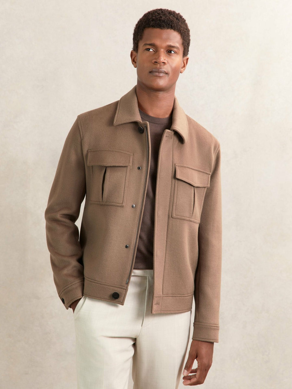 Wool Blend Twin Pocket Zipped Jacket Dark Brown | Men