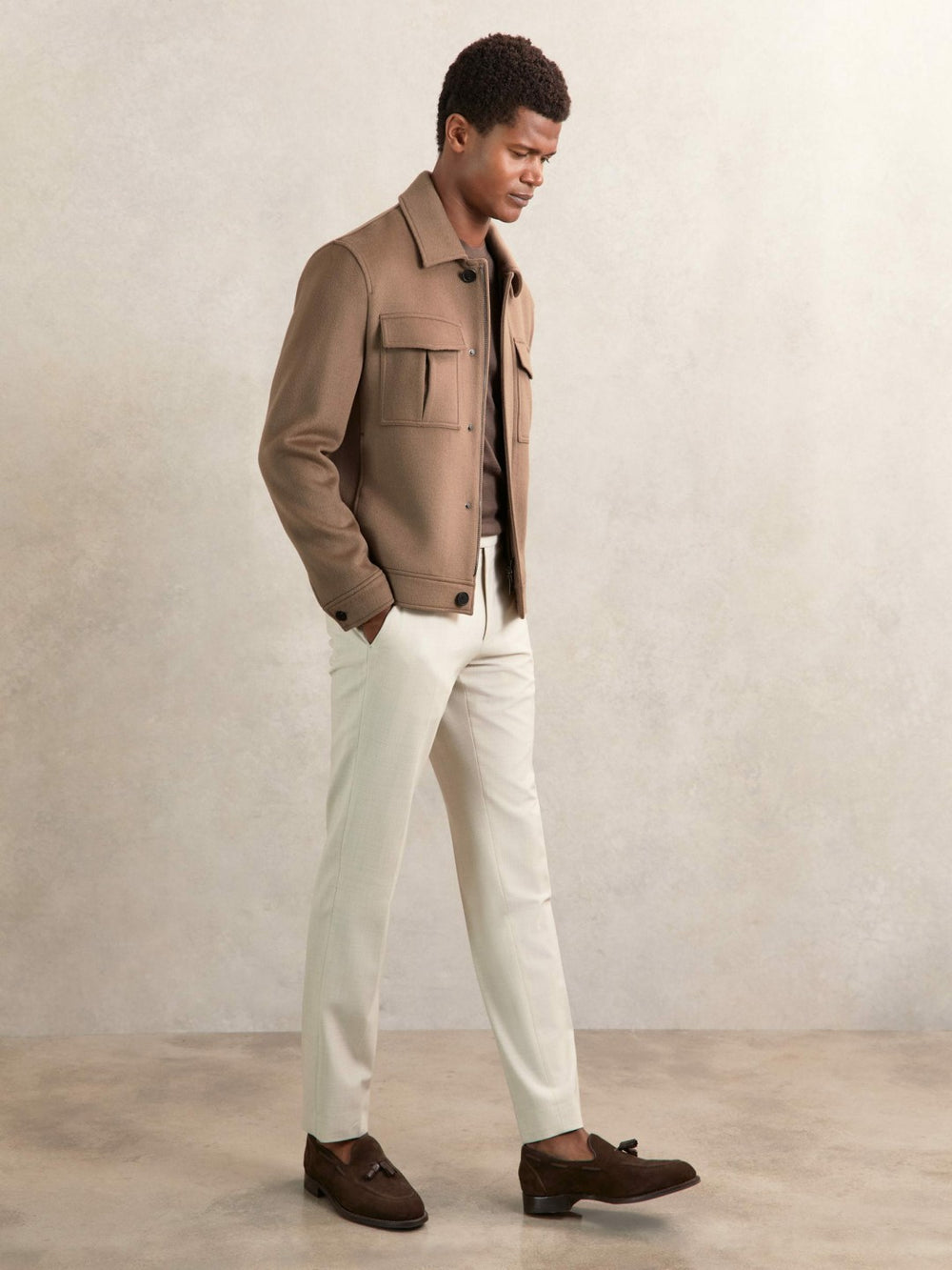 Wool Blend Twin Pocket Zipped Jacket Dark Brown | Men