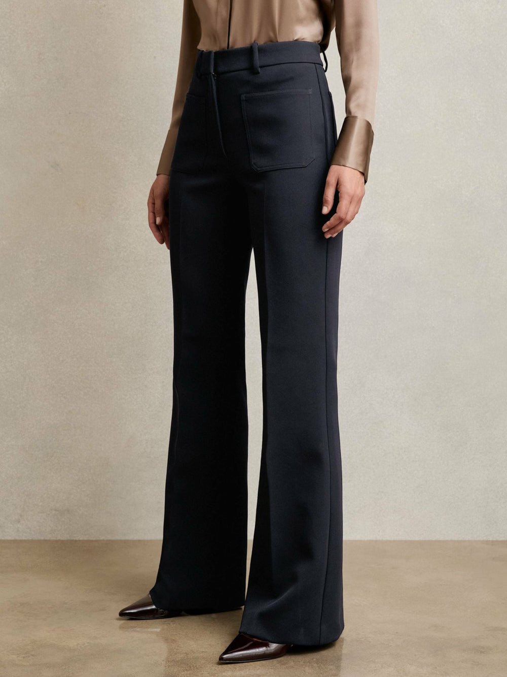 Petite Twill Patch-Pocket Flared Trousers Navy | Women