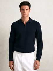 Wool Waffle-Knit Half-Zip Polo Shirt Navy | Men