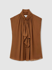 Crepe-Chiffon Ruffle Sleeveless Top Tan Brown | Women