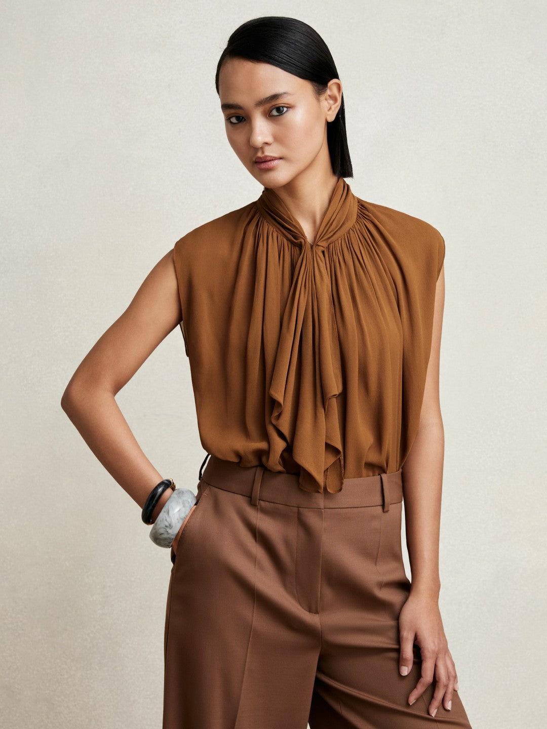Crepe-Chiffon Ruffle Sleeveless Top Tan Brown | Women