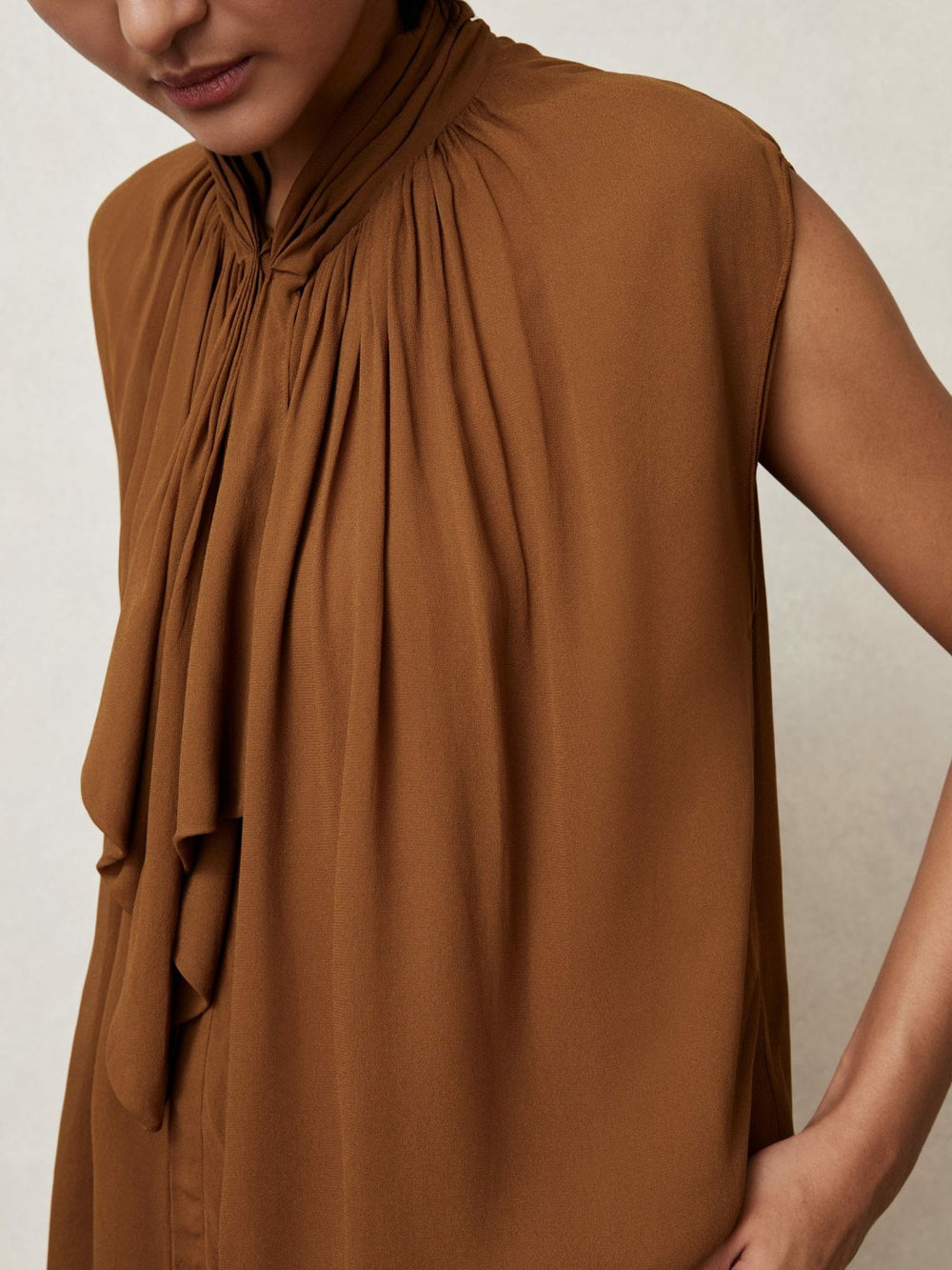 Crepe-Chiffon Ruffle Sleeveless Top Tan Brown | Women