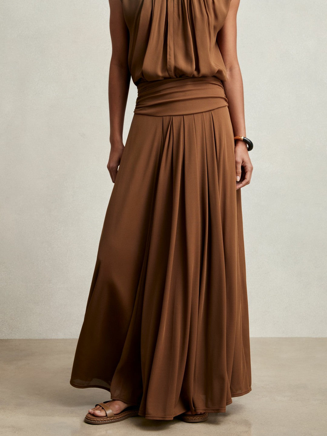 Jersey Ruched-Waist Maxi Skirt Tan Brown | Women