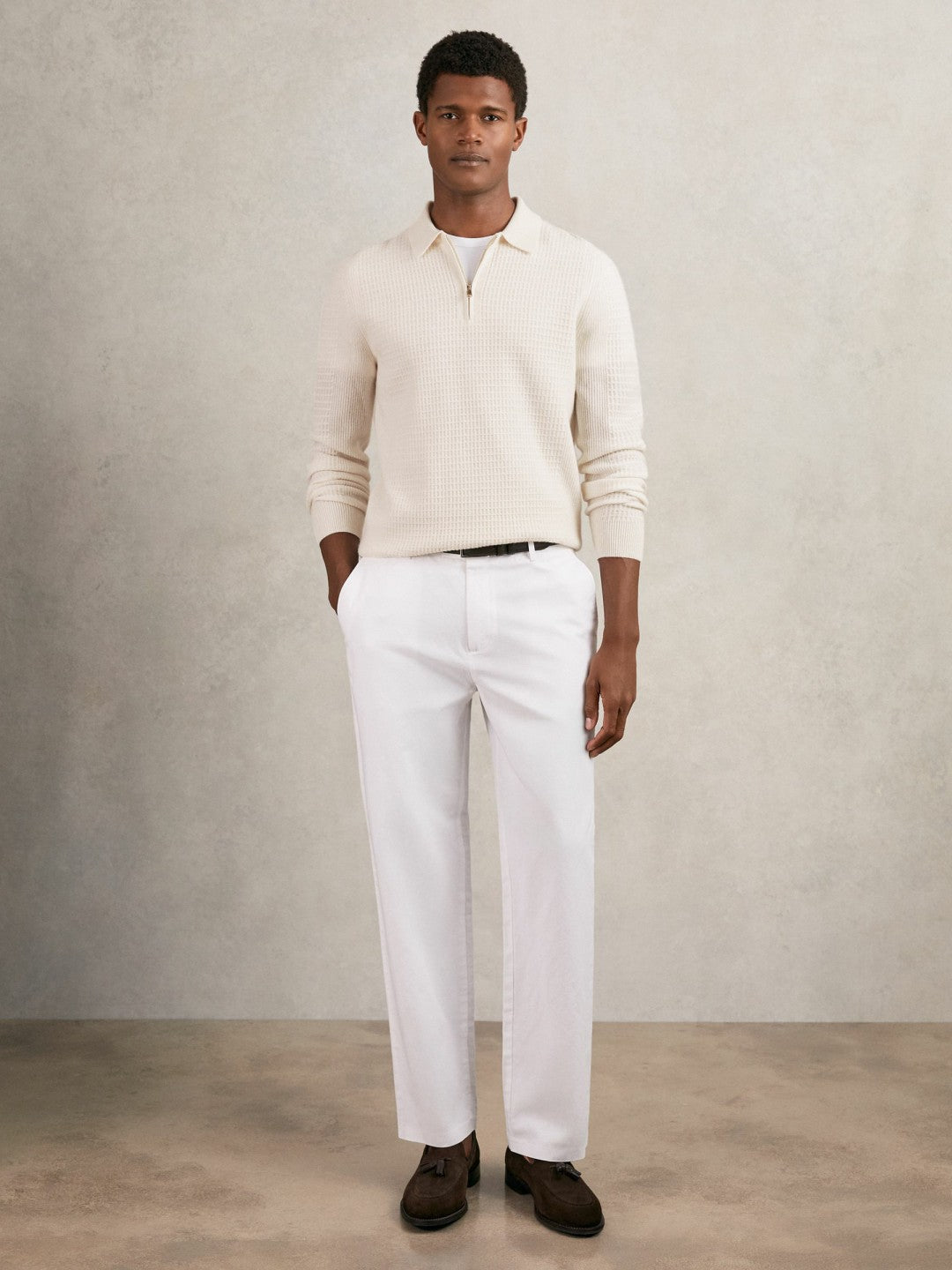 Wool Waffle-Knit Half-Zip Polo Shirt Off White | Men