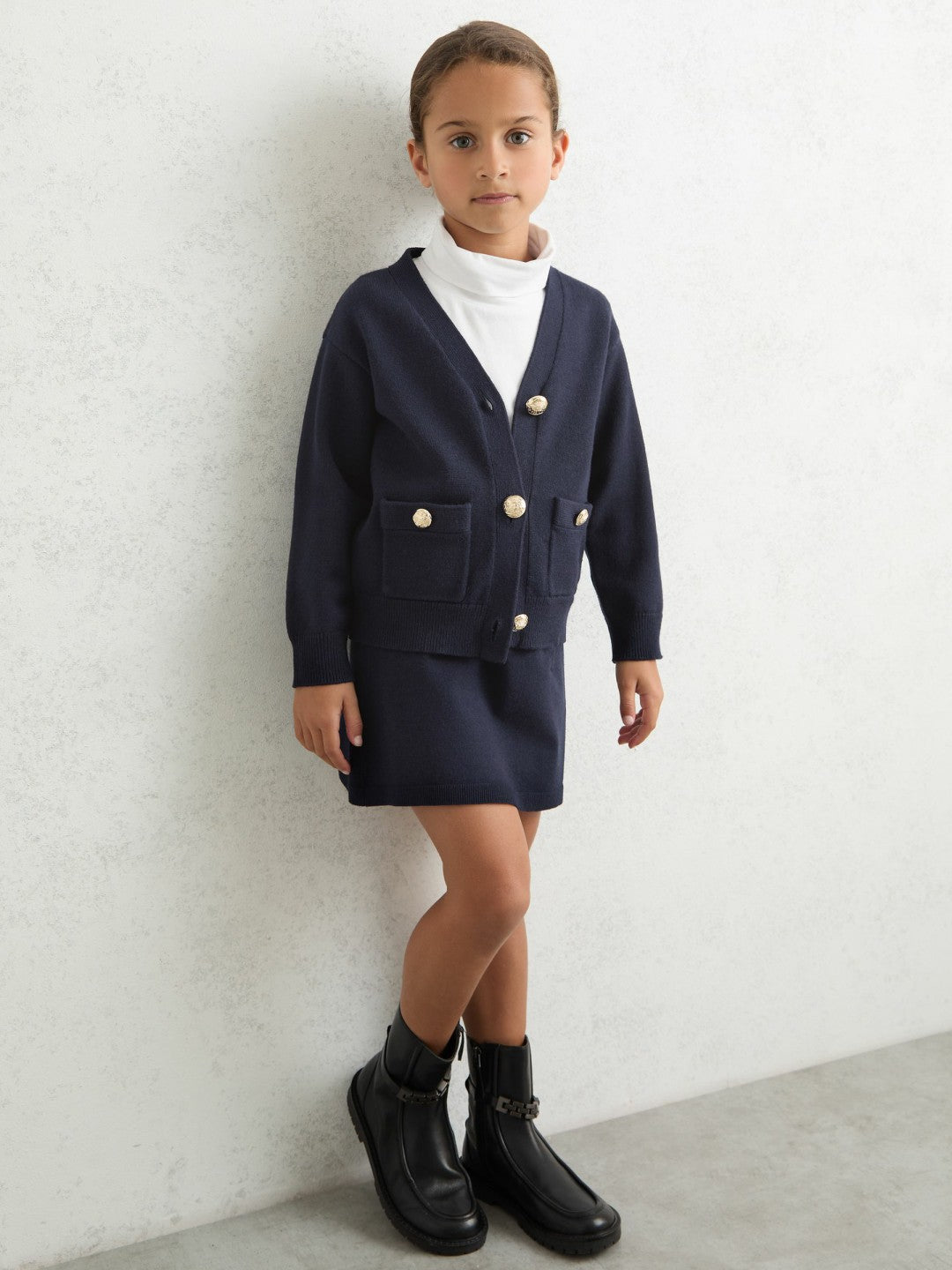 13-14 yrs Knitted Embossed-Button Cardigan Navy | Children & Baby