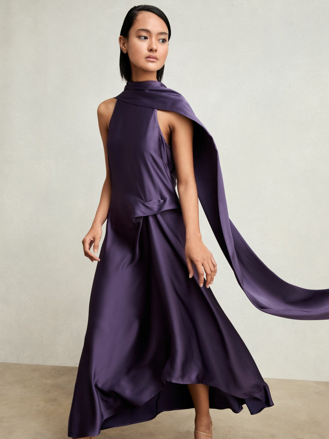 Petite Satin Tuck-Detail Cape Midi Dress Purple | Women