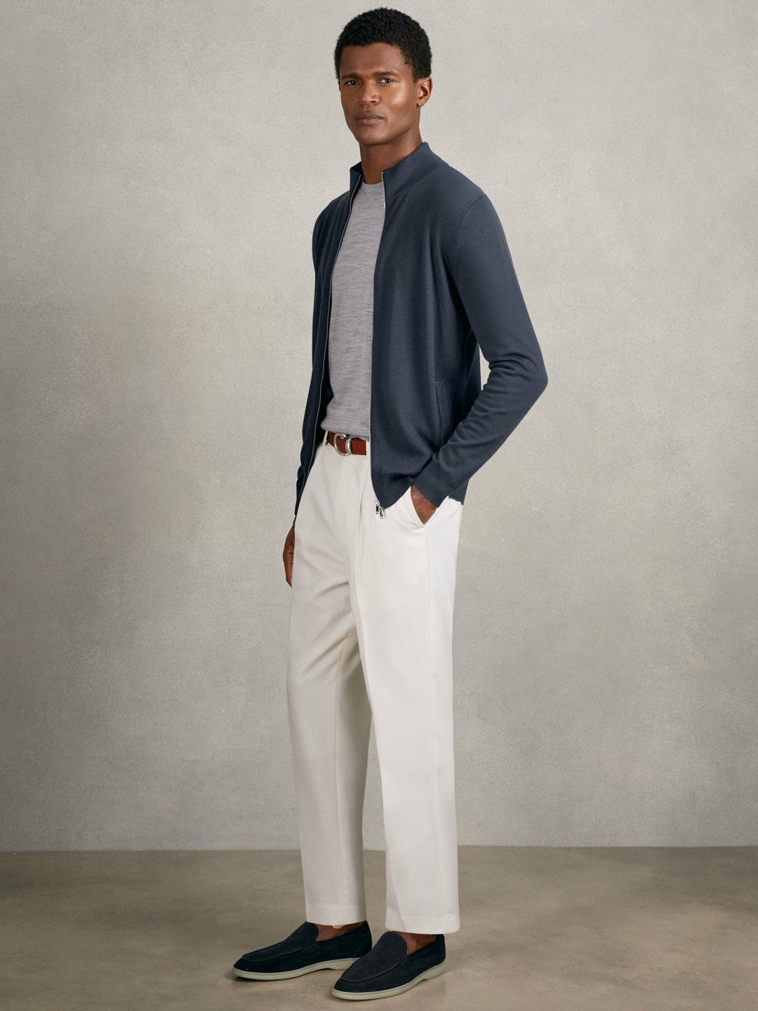 Merino Wool Zip Through Cardigan Midnight Navy | Men