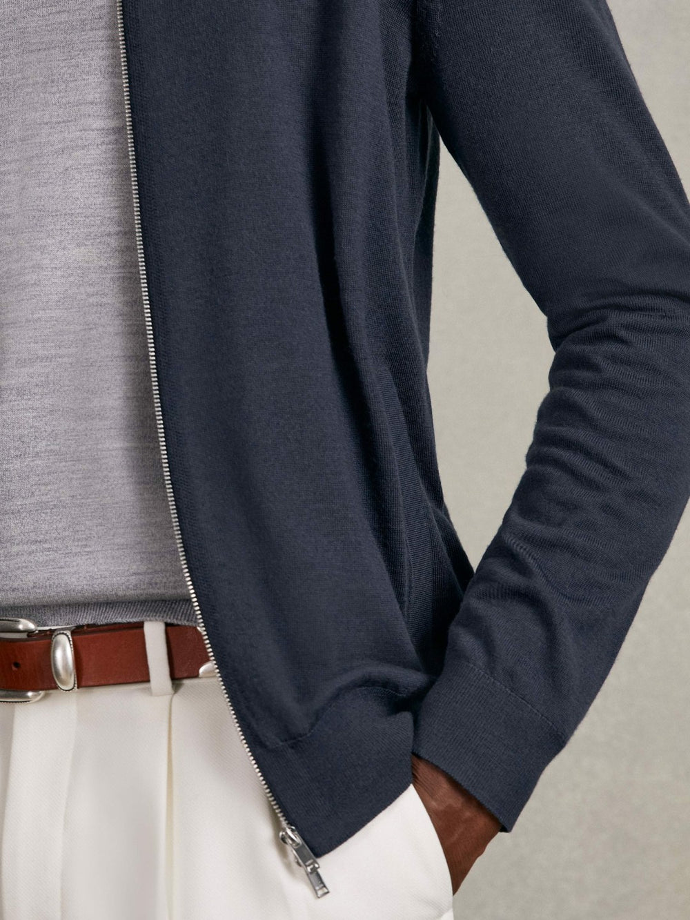 Merino Wool Zip Through Cardigan Midnight Navy | Men