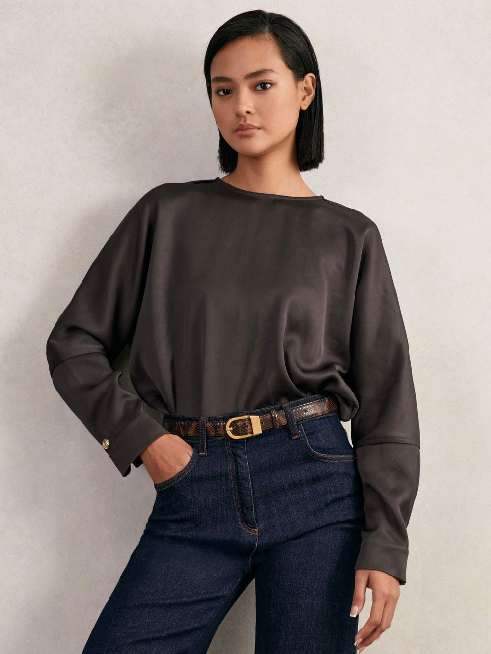Satin Button-Back Long-Sleeve Top Mauve | Women