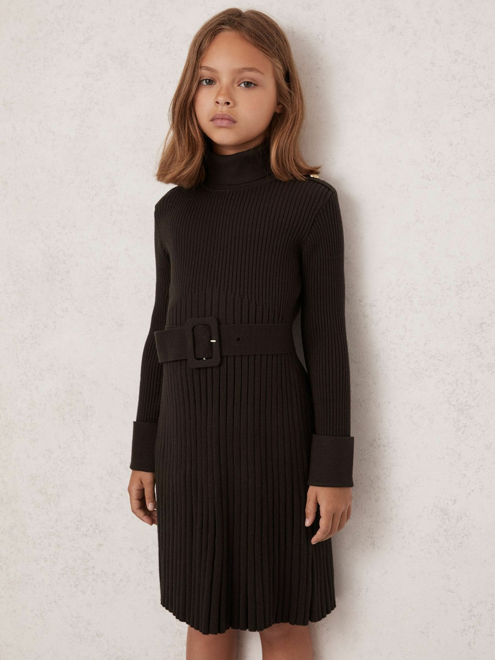 9-13 yrs Rib-Knit Roll-Neck Belted Dress Chocolate | Children & Baby