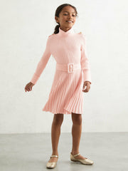 9-13 yrs Rib-Knit Roll-Neck Belted Dress Pink | Children & Baby