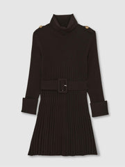 13-14 yrs Rib-Knit Roll-Neck Belted Dress Chocolate | Children & Baby