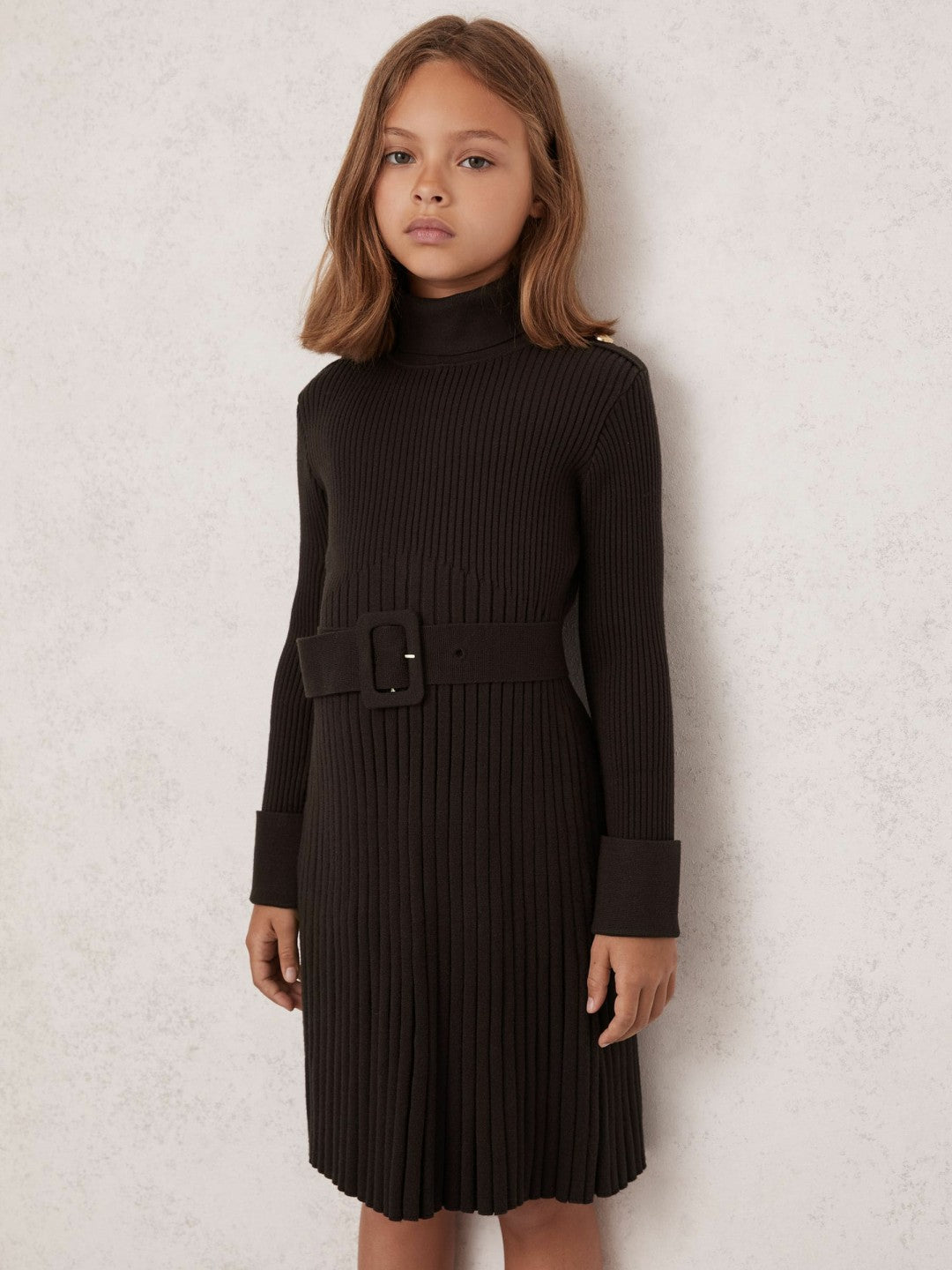 13-14 yrs Rib-Knit Roll-Neck Belted Dress Chocolate | Children & Baby
