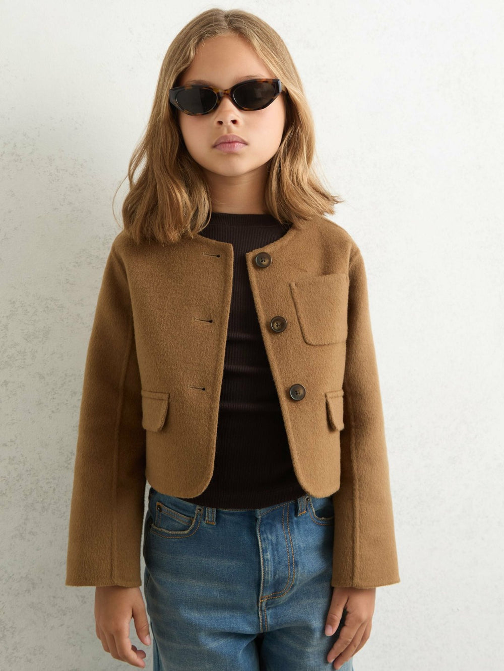 13-14 yrs Wool-Blend Cropped Collarless Jacket Camel | Children & Baby