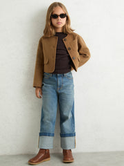 13-14 yrs Wool-Blend Cropped Collarless Jacket Camel | Children & Baby