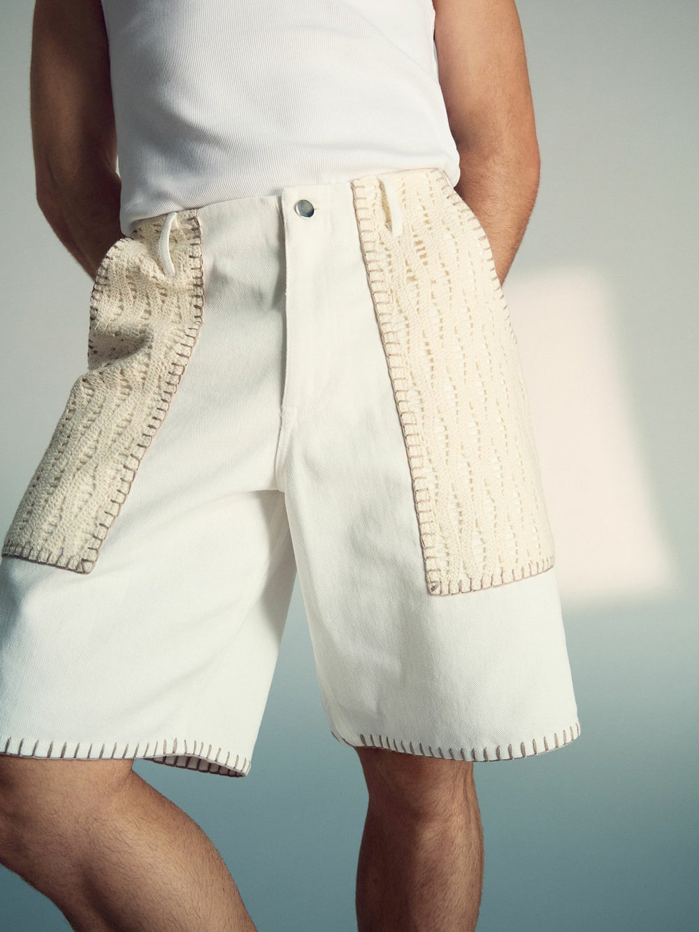 | Tom Daley Crochet Denim Shorts Off White | Men