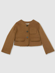 9-13 yrs Wool-Blend Cropped Collarless Jacket Camel | Children & Baby